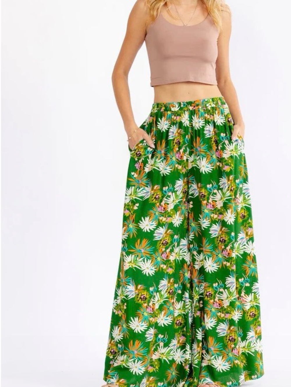 0283. Green Floral Wide-Leg Palazzo Pants